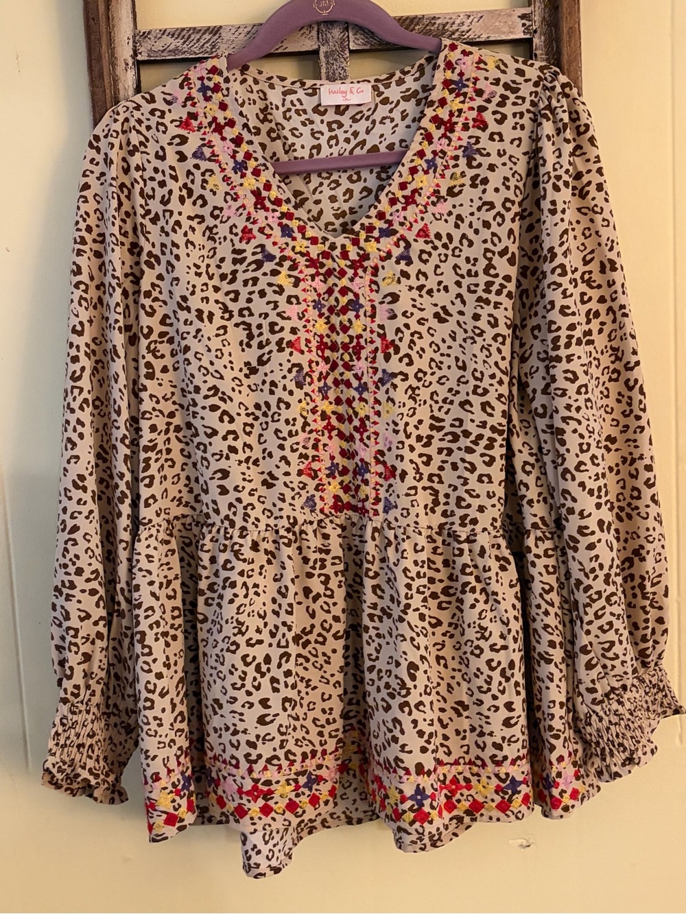 Waverly & Co. Beige Leopard-Print V-Neck Tunic with Multicolor Embroidery